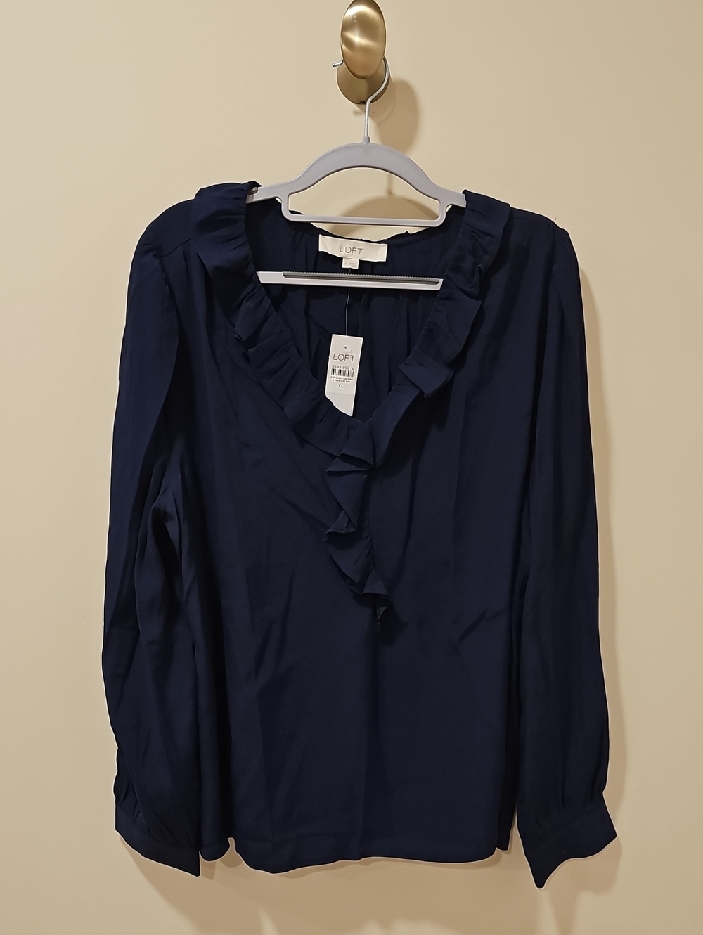 LOFT Ruffle V-Neck Long Sleeve Blouse Blue XL NWT